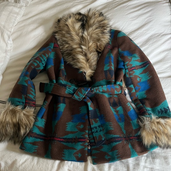 Tasha Polizzi Jackets & Blazers - Brown and Teal Patterned Women's Coat with Faux Fur Trim